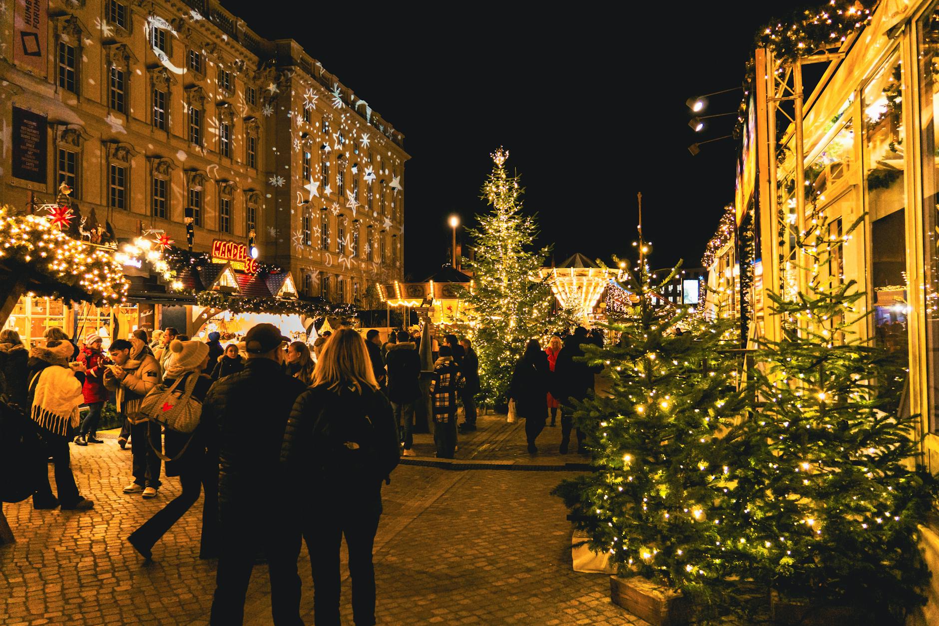 Festive Christmas market with twinkling lights