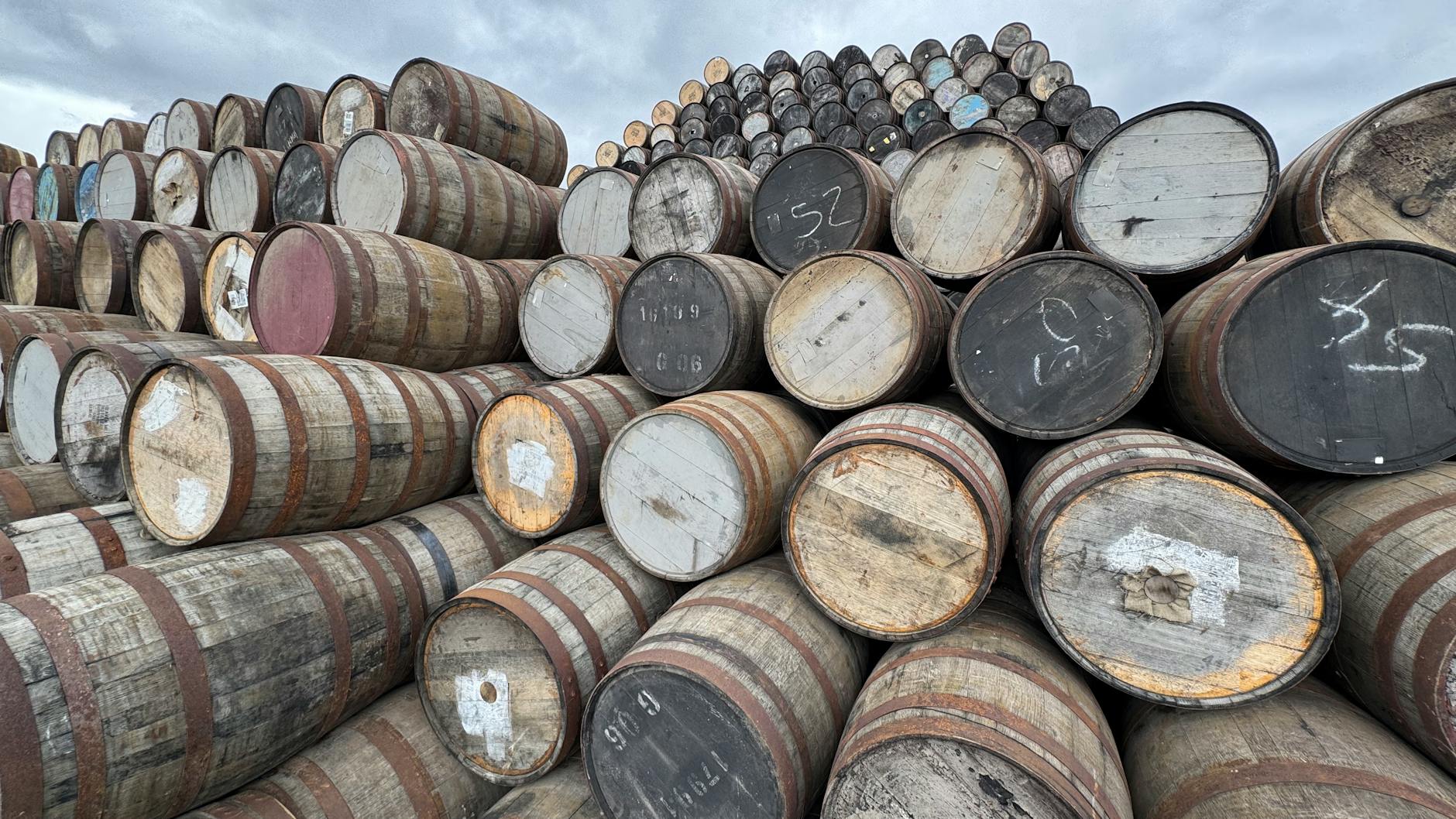 Whiskey barrels aging at a Dublin distillery