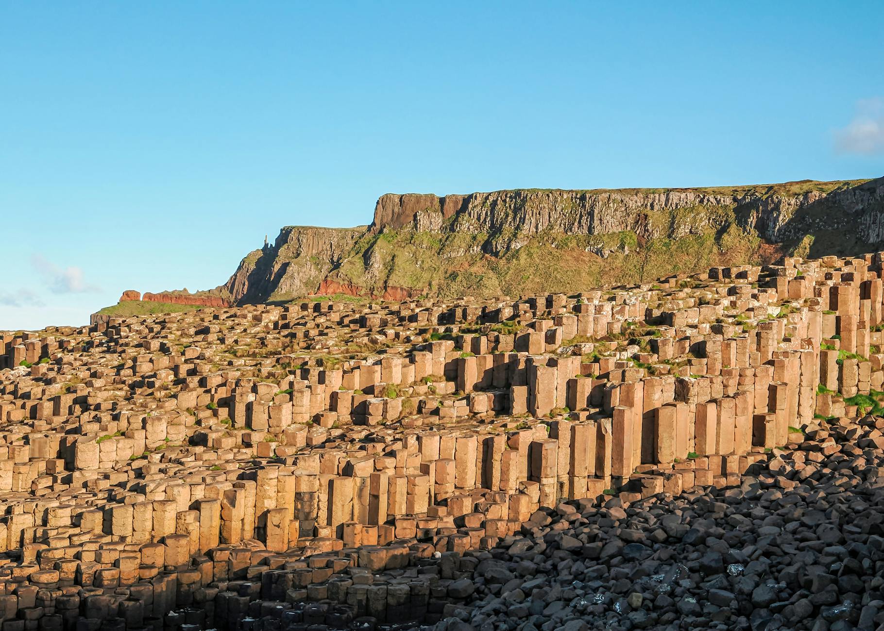 The hexagonal basalt columns of the Giant's Causeway in Northern Ireland