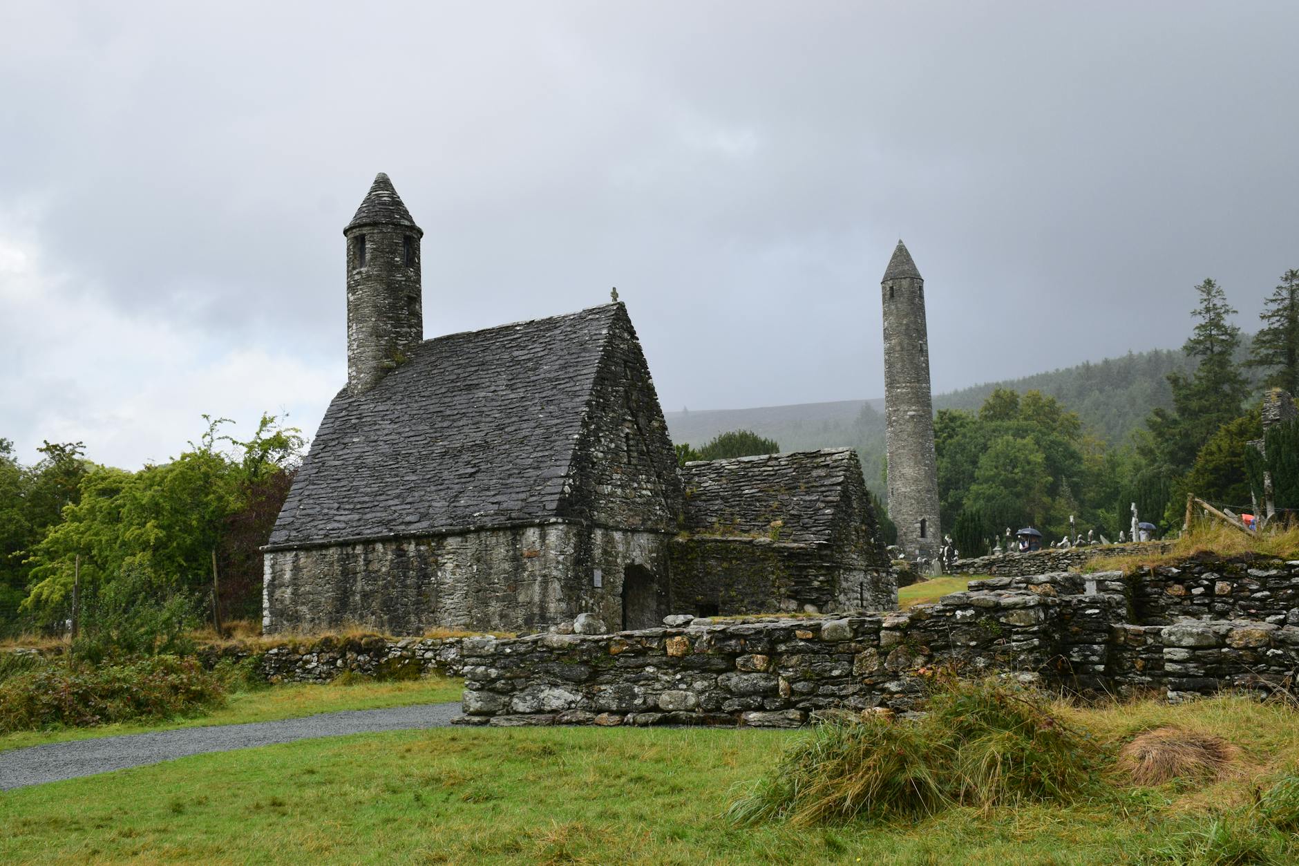 Glendalough monastic settlement and round tower in the Wicklow Mountains