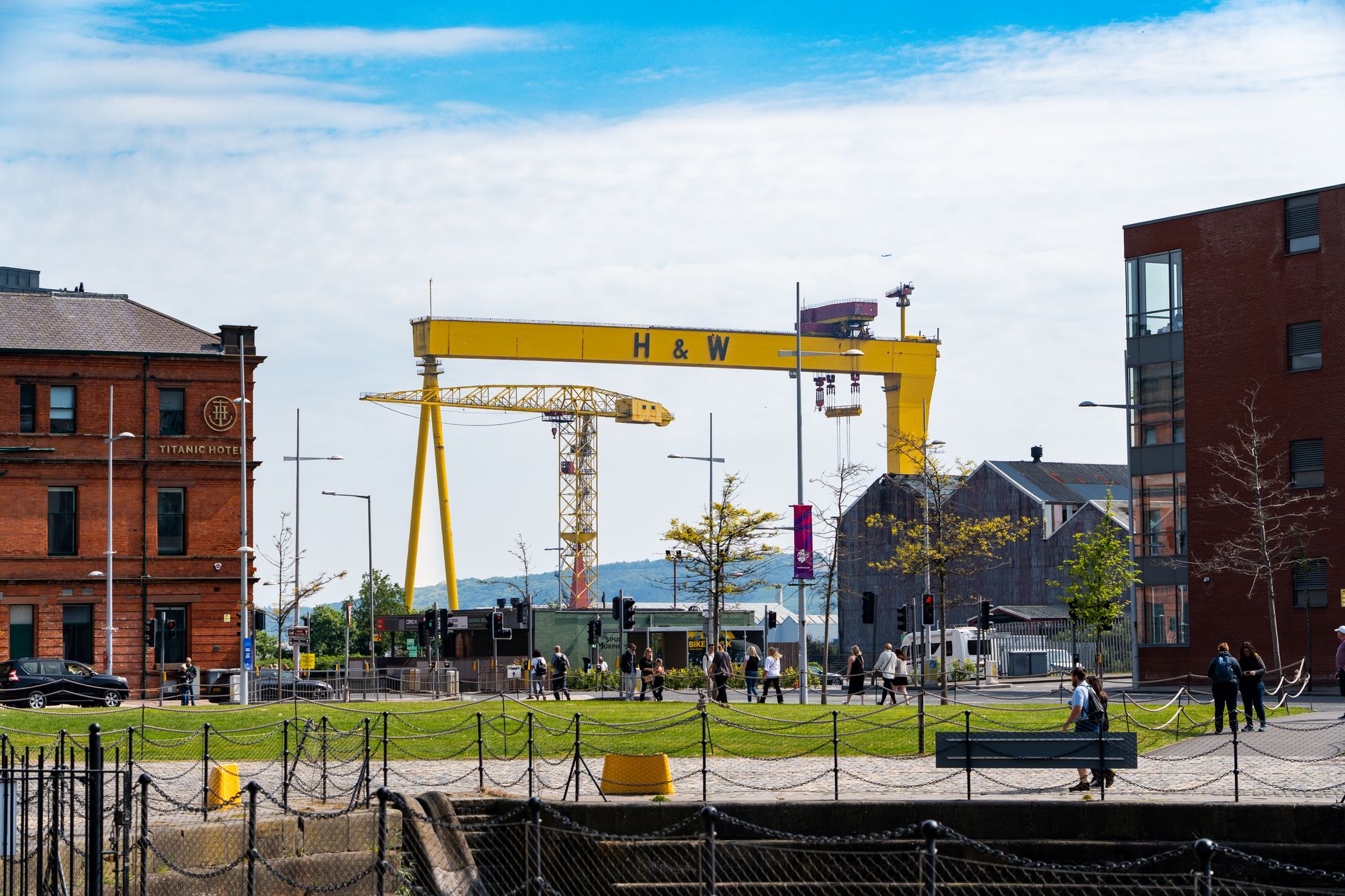 The yellow Harland and Wolff gantry cranes above the Titanic Quarter in Belfast