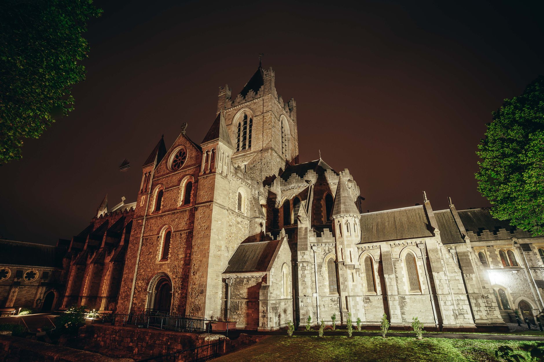 Christ Church Cathedral in Dublin floodlit at night, where Christmas services are held
