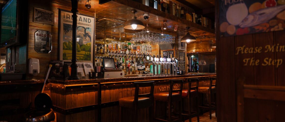 Warm wooden bar counter inside a traditional Dublin pub