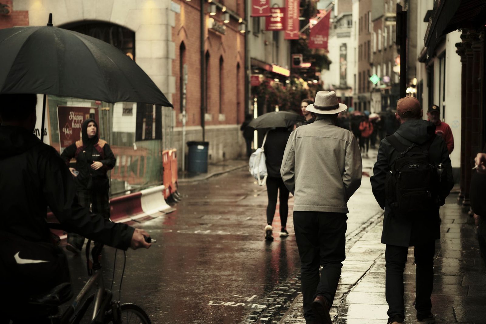 People walking in the rain on a grey day in Dublin