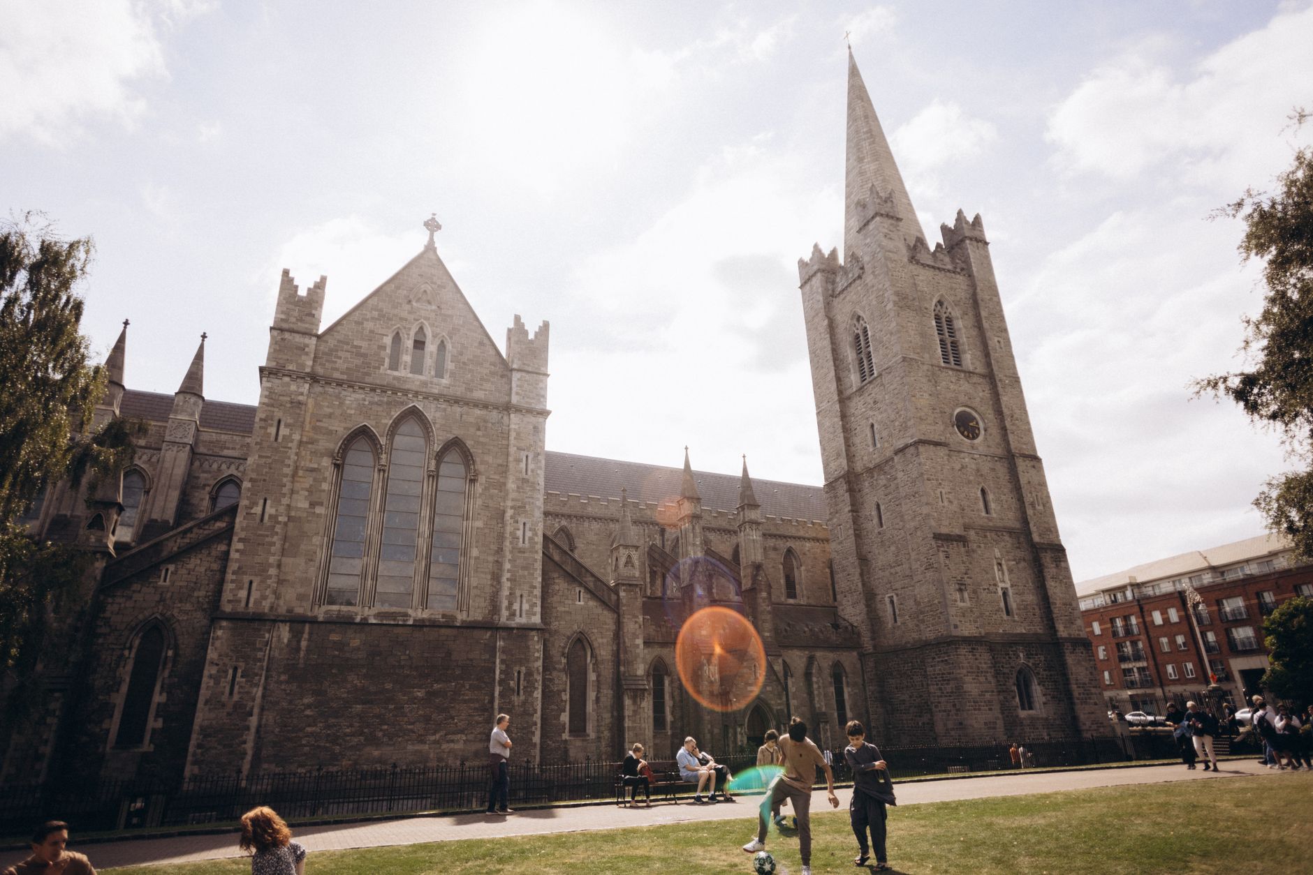 St Patrick's Cathedral and its spire seen across the lawns of St Patrick's Park in Dublin, TwinkleTown's Christmas market site