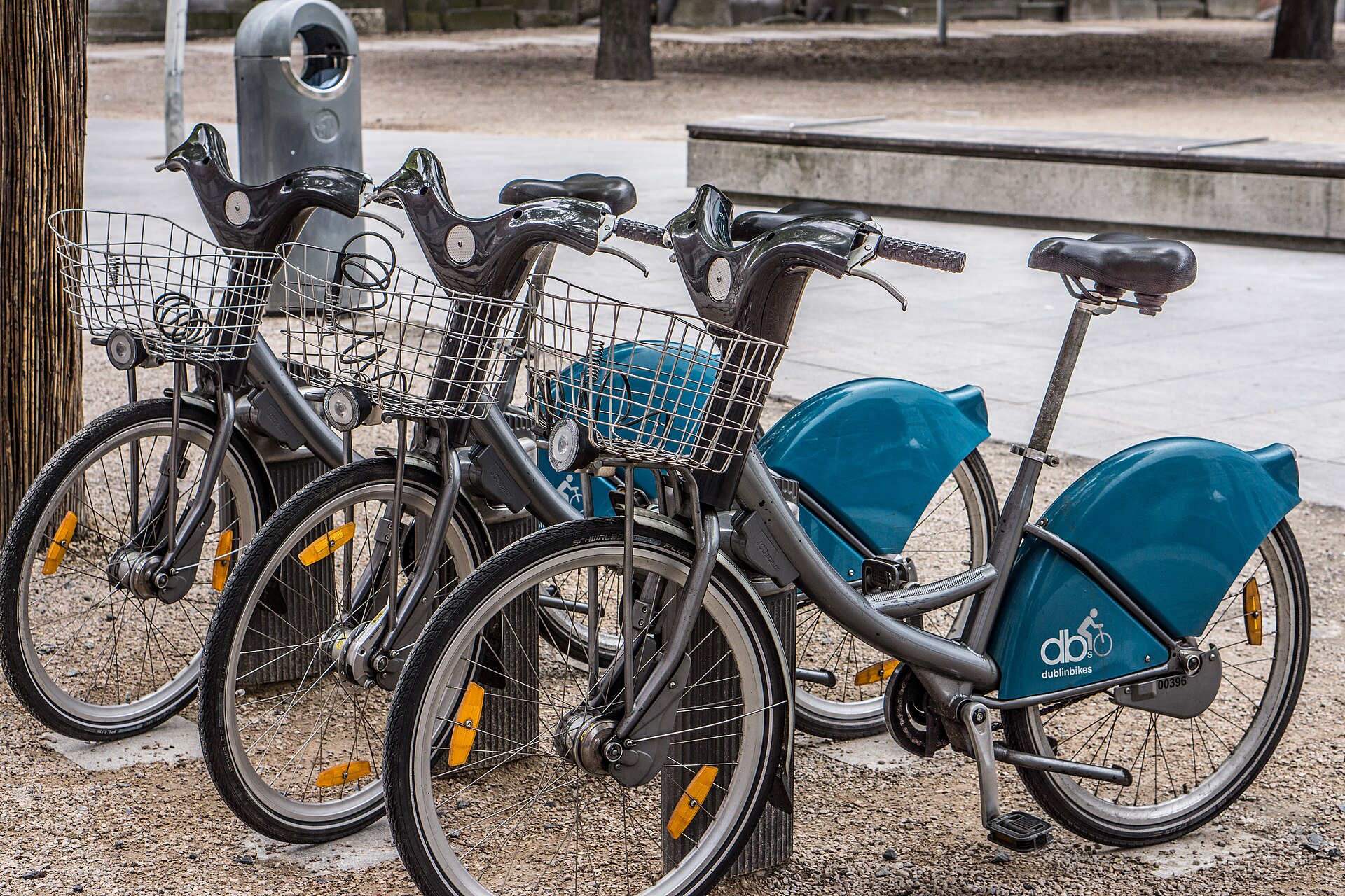 DublinBikes bicycles with blue wheel covers and front baskets docked beside a tree at Wolfe Tone Square in Dublin.