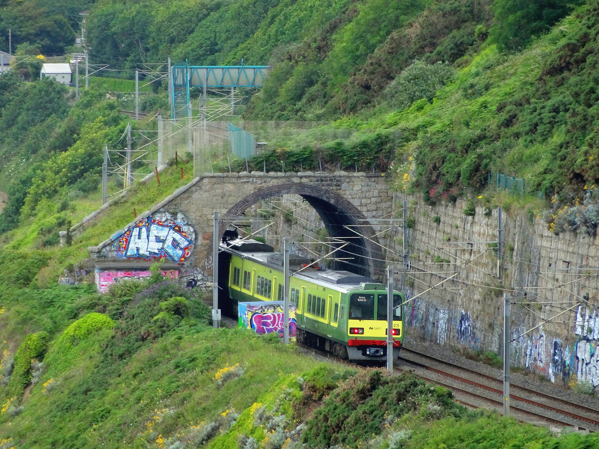A green DART train passes a stone tunnel portal between Killiney and Dalkey, surrounded by a steep wooded hillside.