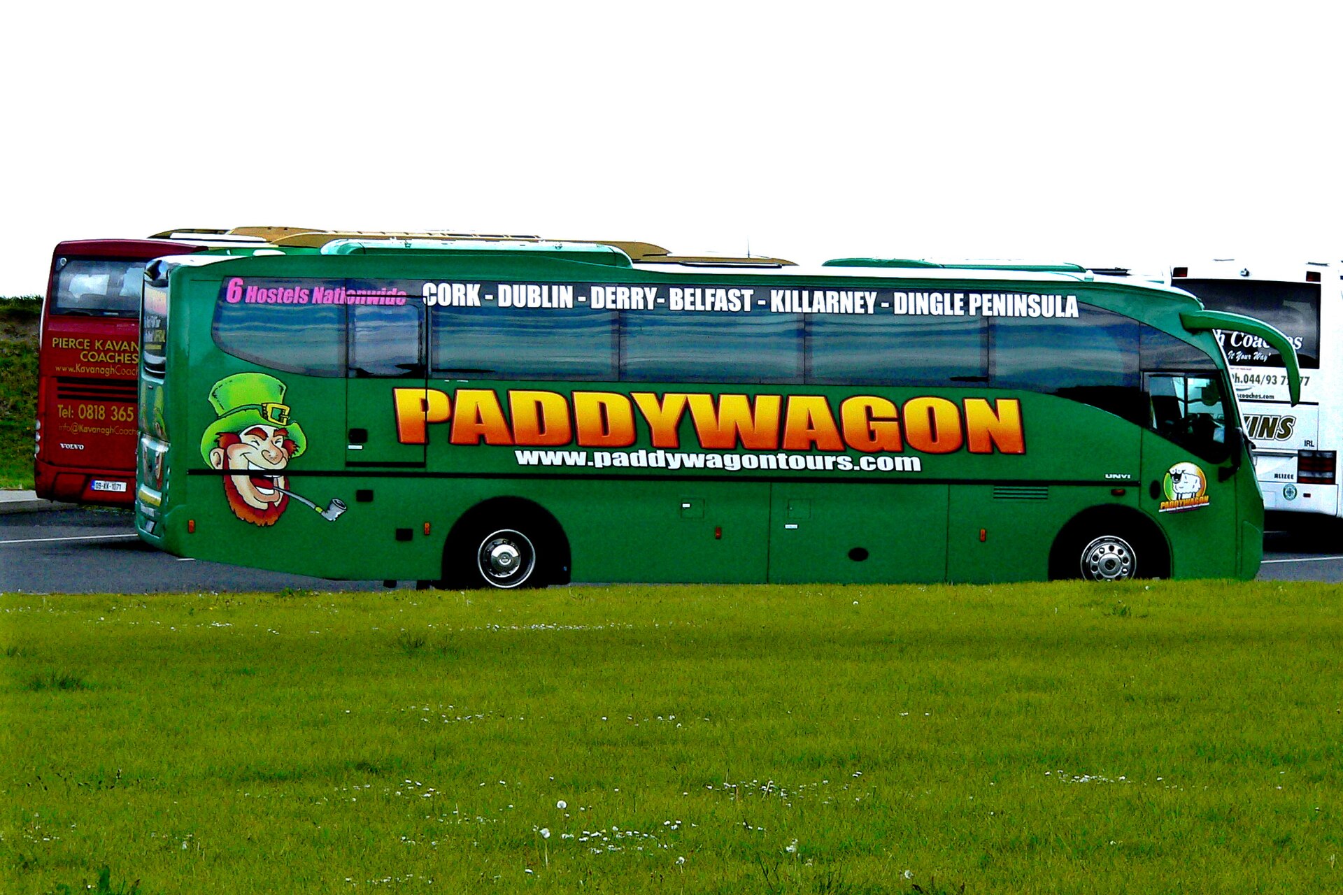 A green Paddywagon coach with large yellow lettering parked among other tour coaches beside grass at the Cliffs of Moher.