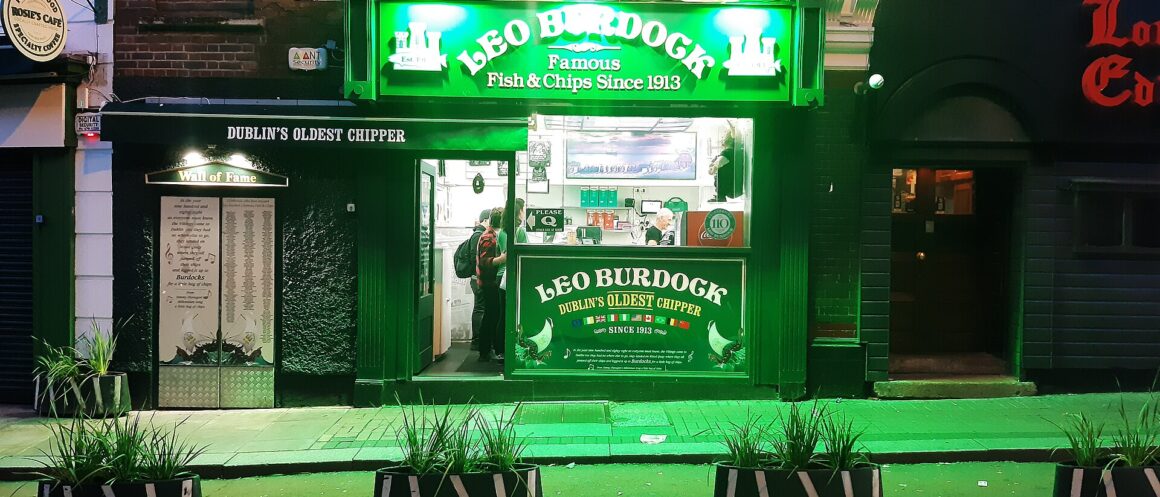 Leo Burdock's illuminated green shopfront on Werburgh Street in Dublin at night, with planters along the cycle lane.