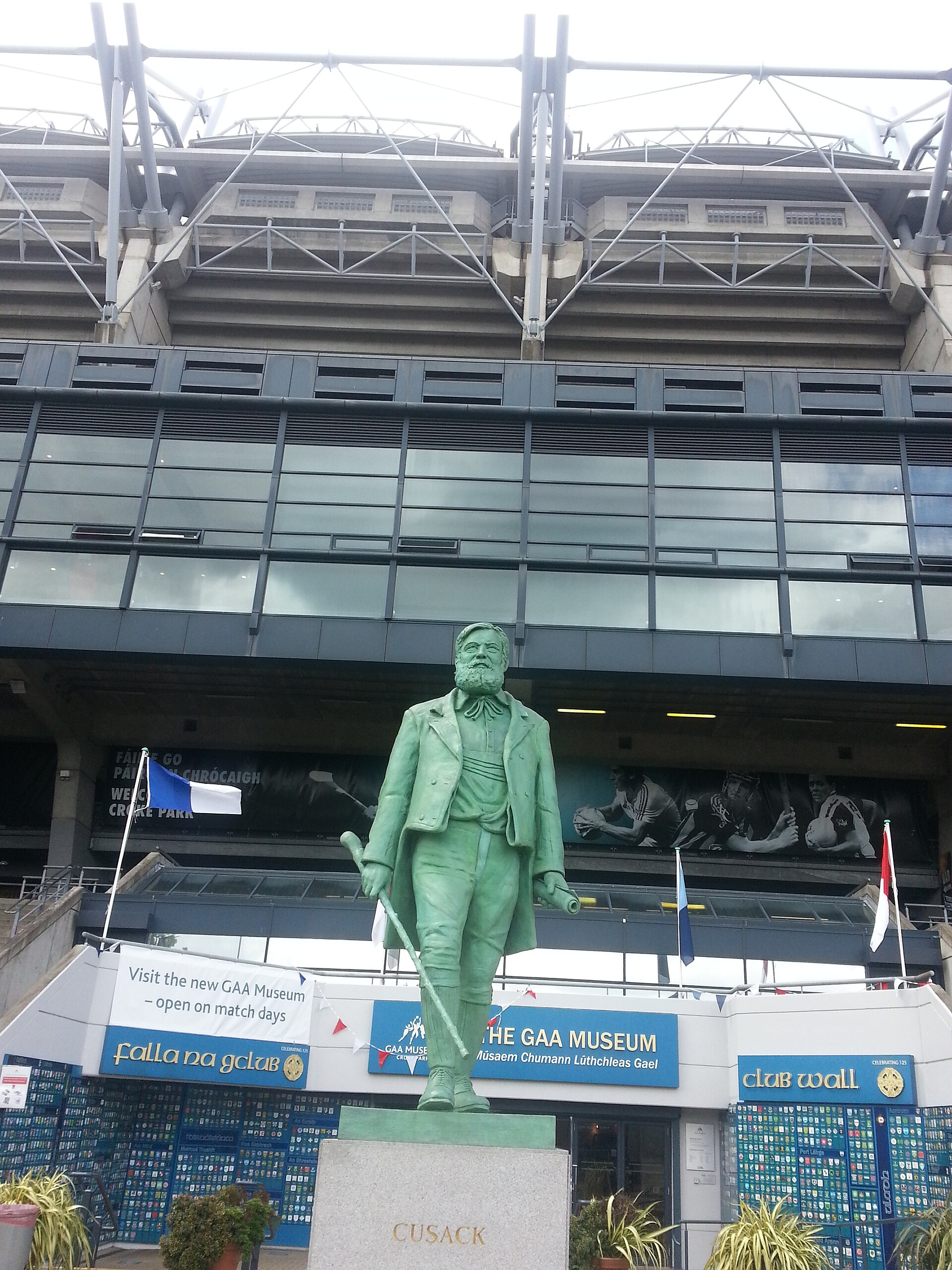 Michael Cusack's statue outside the signed GAA Museum entrance beneath Croke Park's Cusack Stand in Dublin.