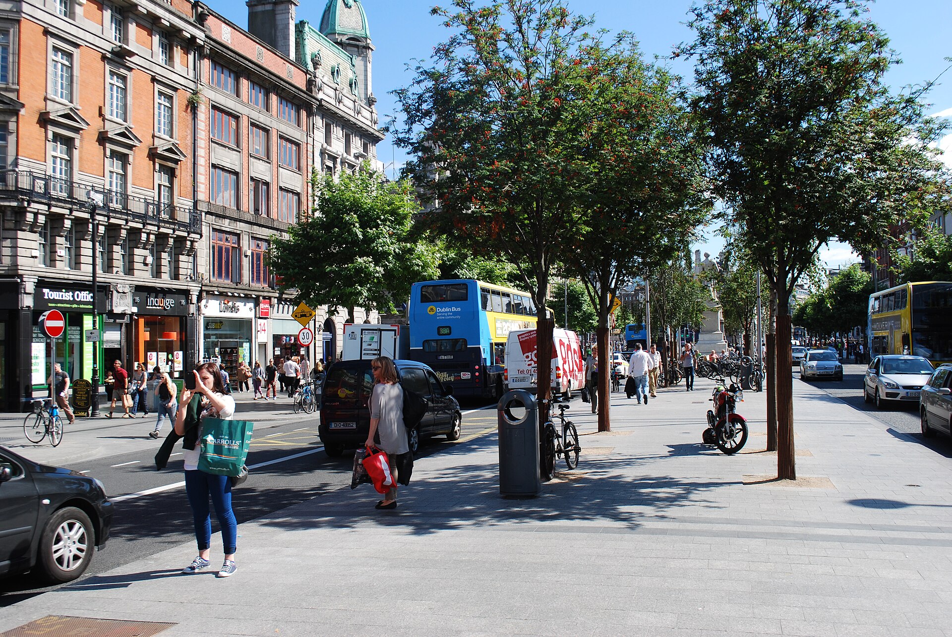 People stand and walk on the tree-lined central pavement of O'Connell Street in Dublin beside buses and traffic.