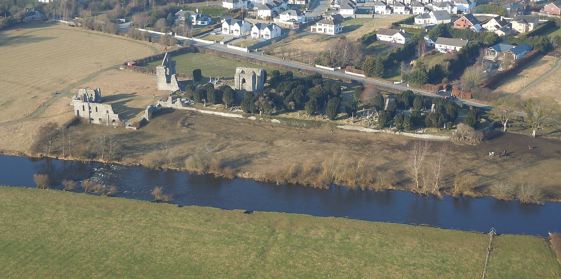 The River Boyne flows past fields and stone ruins at Trim, with houses beyond the opposite bank.